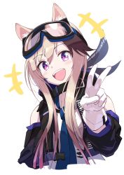 Rule 34 | +++, 1girl, :d, absurdres, animal ears, arknights, black collar, black sleeves, blonde hair, blue necktie, brown hair, cardigan (arknights), collar, commentary, cropped torso, detached sleeves, dog ears, drawdrawdeimos, gloves, goggles, goggles on head, highres, looking at viewer, multicolored hair, necktie, open mouth, purple eyes, shirt, smile, solo, streaked hair, upper body, v, white gloves, white shirt