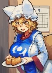 Rule 34 | 1girl, absurdres, alternate eye color, animal hat, blonde hair, breasts, brown eyes, calendar (object), chanta (ayatakaoisii), dress, food, fox tail, hair between eyes, hat, highres, holding, holding plate, indoors, large breasts, long sleeves, looking at viewer, mob cap, multiple tails, open mouth, mob cap, plate, short hair, sidelocks, slit pupils, smile, solo, tabard, tail, tofu, touhou, upper body, white dress, yakumo ran