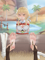 Rule 34 | 1girl, arms behind back, askad, barefoot, bdsm, blonde hair, blush, bondage, boots, unworn boots, bound, breasts, cleavage, feet, flower, foot focus, tickling feet, genshin impact, hair flower, hair ornament, highres, looking at viewer, lumine (genshin impact), medium breasts, oasis, open mouth, palm tree, restrained, scaramouche (genshin impact), soles, steam, sweat, tickling, toes, tree, wanderer (genshin impact)