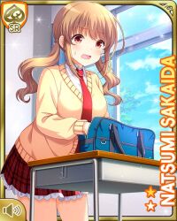 Rule 34 | 1girl, bag, breasts, brown hair, card (medium), character name, classroom, day, desk, female focus, girlfriend (kari), hair ornament, indoors, large breasts, long hair, long sleeves, looking at viewer, necktie, nervous, official art, open mouth, pink scrunchie, plaid, plaid skirt, qp:flapper, red eyes, red necktie, red skirt, sakaida natsumi, school, school desk, school uniform, scrunchie, shirt, shirt tucked in, skirt, solo, sparkle, standing, sunlight, sweater, valentine&#039;s day, white shirt, window, wooden floor, yellow sweater
