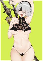 Rule 34 | 1girl, arm up, breasts, green background, highres, illusionk, katana, medium breasts, mole, mole under mouth, navel, nier (series), nier:automata, open mouth, short hair, silver hair, simple background, skindentation, solo, sword, thigh gap, thighs, tongue, tongue out, underboob, weapon, 2b (nier:automata)