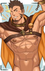 Rule 34 | 1boy, abs, bad id, bad pixiv id, bara, bare pectorals, blush, brown cloak, brown hair, chest harness, cloak, collar, facial hair, flaming eyes, flexing, goatee, harness, heracles (housamo), highres, large pectorals, long sideburns, male focus, metal collar, muscular, muscular male, navel, nipples, one eye closed, pectorals, scar, scar on chest, short hair, sideburns, solo, stomach, tachikawa (hawk 003), tokyo houkago summoners, upper body