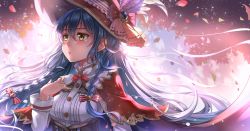 Rule 34 | 10s, 1girl, :o, blue hair, bow, braid, breasts, brooch, buttons, capelet, female focus, floating hair, hand on own chest, hat, hat bow, hat feather, highres, jewelry, large breasts, long hair, love live!, love live! school idol festival, love live! school idol project, miazi, negative space, open mouth, parted lips, petals, solo, sonoda umi, twin braids, upper body, very long hair, wind, yellow eyes
