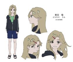 Rule 34 | 1girl, black eyes, black hoodie, blonde hair, blue shorts, character sheet, clenched hand, closed mouth, commentary request, cropped shoulders, curtained hair, expressionless, expressions, frown, furrowed brow, green shirt, hair ornament, hairclip, hand in pocket, highres, hood, hood down, hoodie, long hair, long sleeves, multiple views, no socks, open mouth, partially unzipped, profile, sandals, sazanami no shoujo-tachi, shirt, shorts, simple background, smile, soma michiko, standing, toratani rin, white background
