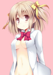 Rule 34 | 1girl, akane souichi, arms behind back, bad id, bad nicoseiga id, blush, bow, breasts, brown eyes, clothes lift, covered erect nipples, dress, dress lift, groin, hair bow, looking at viewer, naked shirt, original, pink background, shirt, short hair, simple background, small breasts, solo, twintails, upper body, white shirt