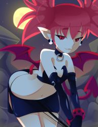 Rule 34 | 1girl, arched back, artist name, ass, bare shoulders, choker, demon tail, demon wings, disgaea, earrings, elbow gloves, etna (disgaea), gloves, jewelry, lips, makai senki disgaea, miniskirt, moon, navel, obakawaii, panties, panty pull, pointy ears, pulling own clothes, red eyes, red hair, short twintails, skirt, skull earrings, smile, solo, spiked hair, tail, twintails, underwear, wedgie, window, wings