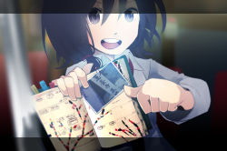 Rule 34 | 1girl, ^ ^, bad id, bad pixiv id, blurry, bookmark, brown eyes, brown hair, closed eyes, depth of field, ghostly field club, letterboxed, necktie, notebook, open mouth, paperclip, photo (object), pointing, short hair, solo, tokoroten (hmmuk), touhou, train, train interior, usami renko