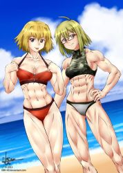 Rule 34 | 2girls, :p, abs, ahoge, ass grab, beach, bikini, blonde hair, blue eyes, breasts, cleavage, collarbone, day, ebr-kii, glasses, hand on another&#039;s ass, hand on own hip, looking at viewer, multiple girls, muscular, muscular female, navel, original, short hair, swimsuit, tongue, tongue out, yuri