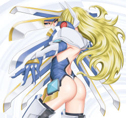 Rule 34 | 1girl, arm blade, armor, artist request, ass, blazblue, blonde hair, blue eyes, elbow gloves, from behind, gloves, long hair, mecha musume, mu-12, reflection, shiny skin, solo, thighhighs, very long hair, weapon