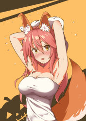 Rule 34 | 10s, 1girl, 5-shiki, absurdres, animal ears, armpits, bare shoulders, blush, breasts, cleavage, collarbone, fang, fate/extra, fate/grand order, fate (series), female focus, fox ears, fox tail, highres, large breasts, long hair, looking at viewer, open mouth, pink hair, solo, sweat, sweatdrop, tail, tamamo (fate), tamamo no mae (fate/extra), tears, twintails, yellow eyes