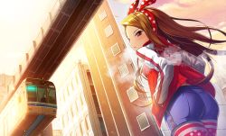 Rule 34 | 1girl, :&lt;, ass, blue shorts, blush, brown hair, building, city, closed mouth, cloud, cloudy sky, commentary request, dutch angle, from behind, glowing, hairband, highres, idolmaster, idolmaster (classic), jacket, long hair, long sleeves, looking at viewer, looking back, minase iori, morning, outdoors, polka dot, red eyes, red jacket, shorts, sky, solo, striped clothes, striped thighhighs, tanukimaso, thighhighs, train, walking