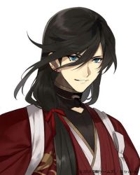 Rule 34 | 10s, 1boy, alternate costume, alternate hairstyle, black hair, blue eyes, company name, dated, izumi-no-kami kanesada, japanese clothes, jpeg artifacts, long hair, looking at viewer, male focus, official art, parted lips, shiramine (srmn09), simple background, solo, touken ranbu, upper body, watermark, white background