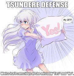 Rule 34 | 1girl, blue dress, blue eyes, blush, commentary, dress, english text, engrish text, iesupa, pajamas, ranguage, revision, rwby, scar, scar across eye, scar on face, solo, speech bubble, tsundere, weiss schnee, white hair, yes-no pillow