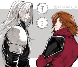 Rule 34 | ..., 2boys, ?, absurdres, armor, black coat, blue eyes, brown hair, coat, commentary, crisis core final fantasy vii, crossed arms, expressionless, final fantasy, final fantasy vii, from side, genesis rhapsodos, grey background, high collar, highres, light smile, long hair, long sleeves, male focus, medium hair, multiple boys, pauldrons, red coat, roku (gansuns), sephiroth, shoulder armor, simple background, speech bubble, standing, twitter username, upper body, white hair