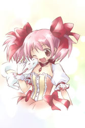Rule 34 | &gt; &lt;, 10s, bow, closed eyes, gloves, hair bow, kaname madoka, kyubey, magical girl, mahou shoujo madoka magica, mahou shoujo madoka magica (anime), miesa, one eye closed, pink eyes, pink hair, short twintails, twintails, white gloves, wink