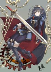 Rule 34 | 1girl, artist name, belt, blue bodysuit, blue cape, blue dress, blue eyes, blue footwear, blue gloves, blue hair, bodysuit, boots, breasts, cape, chain, clip studio paint (medium), closed mouth, commentary, dated, dress, falchion (fire emblem), fingerless gloves, fire emblem, fire emblem awakening, full body, gloves, grey background, kero sweet, knee boots, long hair, lucina (fire emblem), nintendo, ribbed bodysuit, roman numeral, short dress, signature, simple background, small breasts, solo, strap, sword, tiara, weapon