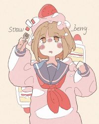 Rule 34 | 1girl, absurdres, blue sailor collar, blush, brown eyes, brown hair, cake, drooling, english text, food, food on head, fork, fruit, hand up, haru57928031, highres, holding, holding fork, long sleeves, mouth drool, neckerchief, no nose, object on head, original, red neckerchief, sailor collar, shirt, solo, strawberry, strawberry shortcake, upper body, white shirt