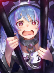 Rule 34 | 1girl, animal ears, bars, blue hair, blush, braid, chain, chained, collar, commentary request, hat, highres, hololive, indoors, long hair, looking at viewer, metal collar, open mouth, prison, prison clothes, rabbit ears, rabbit girl, red eyes, revision, solo, tears, teeth, torriet, upper body, upper teeth only, usada pekora, usada pekora (prisoner), virtual youtuber