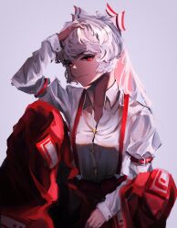 Rule 34 | 1girl, absurdres, arm up, belt, blunt ends, bow, breasts, buttons, closed mouth, collarbone, collared shirt, fujiwara no mokou, grey bow, grey hair, grey shirt, hair between eyes, hair bow, hand on own head, hand up, highres, juliet sleeves, long hair, long sleeves, looking at viewer, medium breasts, multicolored bow, ofuda, ofuda on clothes, pants, puffy sleeves, purple background, red belt, red bow, red eyes, red pants, shirt, simple background, sitting, smile, solo, suspenders, touhou, wing collar, yuhel