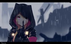 Rule 34 | 1girl, absurdres, black gloves, black jacket, blonde hair, blurry, blurry background, commentary, depth of field, english commentary, finger to mouth, gar32, girls&#039; frontline, gloves, glowing, highres, hood, hood up, hooded jacket, jacket, letterboxed, long hair, long sleeves, looking at viewer, m4 sopmod ii (girls&#039; frontline), outdoors, parted lips, rain, red eyes, shushing, signature, solo, upper body