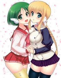 Rule 34 | 2girls, android, blonde hair, blue eyes, blush, braid, breasts, green eyes, green hair, long hair, looking at viewer, multi (to heart), multiple girls, open mouth, pleated skirt, robot ears, school uniform, shintarou (multi0319), short hair, silfa (to heart), single braid, skirt, thighhighs, to heart, to heart (series), to heart 2