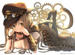Rule 34 | 1girl, animal ears, boots, breasts, brown hair, cat ears, cat tail, cleavage, dress, facial mark, final fantasy, final fantasy xiv, full body, gears, green eyes, hat, high heel boots, high heels, highres, long hair, looking at viewer, lying, medium breasts, miqo&#039;te, on stomach, peaked cap, solo, tail, twitter username, umika35, warrior of light (ff14), whisker markings, white background