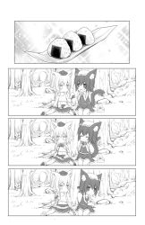 Rule 34 | 2girls, 4koma, animal ear fluff, animal ears, arashiya, cat ears, cat tail, chen, comic, commentary request, detached sleeves, eating, closed eyes, food, greyscale, hat, inubashiri momiji, midriff, monochrome, multiple girls, multiple tails, navel, onigiri, open mouth, outdoors, rice, shirt, short hair, silent comic, sitting, skirt, smile, tail, touhou, tree, vest, wolf ears, wolf tail