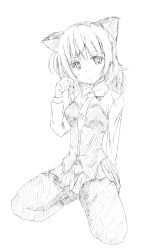 Rule 34 | 1girl, absurdres, animal ears, cat ears, graphite (medium), highres, looking at viewer, military, military uniform, monochrome, nasutane, necktie, pantyhose, sanya v. litvyak, seiza, simple background, sitting, sketch, skirt, solo, strike witches, traditional media, uniform, world witches series