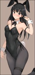 Rule 34 | 1girl, absurdres, amagami, animal ears, ayatsuji tsukasa, black bow, black bowtie, black eyes, black hair, black leotard, black pantyhose, bow, bowtie, breasts, brown background, cleavage, detached collar, fake animal ears, highres, leotard, long hair, looking at viewer, mobu, pantyhose, playboy bunny, rabbit ears, rabbit tail, simple background, small breasts, solo, standing, strapless, strapless leotard, tail, wrist cuffs