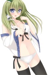 Rule 34 | 1girl, bare shoulders, black thighhighs, blue eyes, blush, bra, breasts, chimunge, collarbone, detached sleeves, frog hair ornament, green hair, hair ornament, hair tubes, heart, heart-shaped pupils, highres, kochiya sanae, long hair, long sleeves, navel, open mouth, panties, smile, snake hair ornament, solo, symbol-shaped pupils, thighhighs, touhou, underwear, underwear only, white bra, white panties, wide sleeves