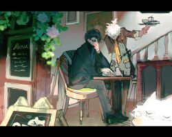 Rule 34 | ... (user ctgg5484), 2boys, a-37, apron, black-framed eyewear, black footwear, black hair, black jacket, black pants, black shirt, blue necktie, bowing, brick wall, cafe, cat, chair, closed mouth, commentary request, flower, full body, glasses, grey apron, hand on own chin, highres, holding, holding tray, indoors, jacket, letterboxed, mahjong soul, male focus, menu, multiple boys, necktie, painting (object), pants, plant, railing, saitou osamu, shirt, shoes, short hair, sitting, sleeves rolled up, standing, table, tie clip, tray, vines, waiter, white cat, white flower, white hair, yellow necktie