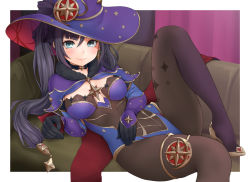 Rule 34 | 1girl, aqua eyes, black hair, blush, bodystocking, breasts, cape, choker, couch, duzimura, elbow gloves, embarrassed, fur trim, gem (symbol), genshin impact, gloves, hair ornament, hat, leg up, leotard, long hair, looking at viewer, lying, medium breasts, mona (genshin impact), on back, pantyhose, smile, solo, star (symbol), thighlet, thighs, twintails, witch hat