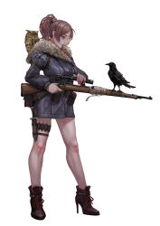 Rule 34 | 1girl, absurdres, animal, animal on shoulder, belt pouch, bird, bird on shoulder, blue coat, bolt action, boots, brown eyes, brown footwear, brown hair, bullet, check weapon, coat, crow, eye contact, full body, fur trim, gun, hair bobbles, hair ornament, high heel boots, high heels, highres, holding, holding gun, holding weapon, holster, knife, long sleeves, looking at another, mauser 98, medium hair, original, owl, parted lips, ponytail, pouch, profile, rifle, scope, sheath, sheathed, short hair, simple background, sniper rifle, solo, standing, thigh strap, weapon, weapon request, white background, xue qi ye (dndtmbdue)