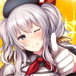 Rule 34 | &gt;;), 10s, 1girl, ;), beret, black hat, blouse, blush, closed mouth, epaulettes, female focus, gloves, grey eyes, grey shirt, hair between eyes, hat, head tilt, highres, kantai collection, kashima (kancolle), neck, neckerchief, one eye closed, red neckerchief, shirt, short hair, sidelocks, silver hair, smile, solo, thumbs up, tobi-mura, two side up, upper body, v-shaped eyebrows, white gloves, white uniform, yellow background