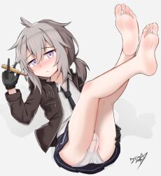 1girl absurdres barefoot blush boppin cameltoe feet female_focus full_body girls&#039;_frontline gloves grey_hair highres legs_up long_hair looking_at_viewer m200_(girls&#039;_frontline) necktie panties pantyshot purple_eyes shell_casing simple_background soles solo toes underwear