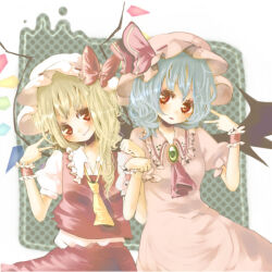 Rule 34 | 2girls, adapted costume, ascot, bat wings, blonde hair, blue hair, bow, breasts, brooch, closed mouth, collared shirt, cowboy shot, dress, flandre scarlet, frilled shirt collar, frills, green brooch, hat, hat bow, hat ribbon, head tilt, jewelry, light smile, looking at viewer, mob cap, multicolored wings, multiple girls, nail polish, open mouth, pink dress, pink hat, puffy short sleeves, puffy sleeves, red ascot, red eyes, red nails, red ribbon, red skirt, red vest, remilia scarlet, ribbon, ribbon-trimmed headwear, ribbon trim, shirt, short sleeves, siblings, sisters, skirt, small breasts, touhou, umi (umi02), vest, white hat, white shirt, wings, wrist cuffs, yellow ascot