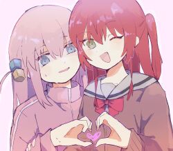 Rule 34 | 2girls, :d, blue eyes, bocchi the rock!, cube hair ornament, gotoh hitori, green eyes, hair ornament, heart, heart hands, heart hands duo, highres, kita ikuyo, multiple girls, nekonabe, nervous, open mouth, pink hair, pink track suit, red hair, red ribbon, ribbon, school uniform, smile, sweat, yuri