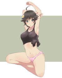 Rule 34 | 1girl, :o, ahoge, araragi karen, armpits, arms behind head, arms up, black eyes, black hair, black tank top, breasts, cameltoe, collarbone, commentary, covered erect nipples, egg hair ornament, food-themed hair ornament, fried egg, full body, green background, groin, hair ornament, highres, indian style, kakoikaren, large breasts, letterboxed, light blush, looking at viewer, midriff, monogatari (series), motion lines, navel, no bra, no pants, on ground, outside border, panties, parted lips, pink panties, short hair, side-tie shirt, sitting, solo, stretching, tank top, underwear, white background
