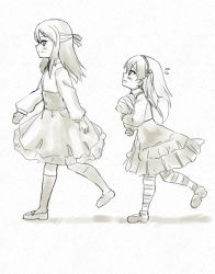 Rule 34 | 10s, 2girls, aged down, alternate hairstyle, bandages, boko (girls und panzer), closed mouth, commentary request, dress, dress shirt, flying sweatdrops, frilled dress, frills, from side, girls und panzer, graphite (medium), greyscale, hair ribbon, half updo, high-waist skirt, hikyakuashibi, holding, holding stuffed toy, kneehighs, layered skirt, long hair, long sleeves, looking at another, looking back, mary janes, mika (girls und panzer), monochrome, multiple girls, open mouth, pantyhose, ribbon, shimada arisu, shirt, shoes, side ponytail, skirt, smile, socks, standing, striped clothes, striped legwear, striped pantyhose, stuffed animal, stuffed toy, suspender skirt, suspenders, teddy bear, thighhighs, traditional media, walking, yellow theme