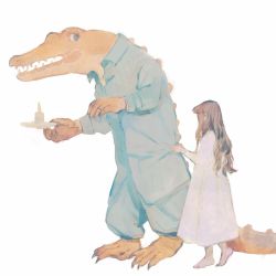 Rule 34 | 1girl, animal, barefoot, blue eyes, brown hair, candle, child, claws, clothed animal, crocodile, crocodilian, dress, grabbing, highres, holding, holding candle, long hair, long sleeves, original, pajamas, sharp teeth, simple background, standing, teeth, tono (rt0no), white background, white dress