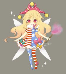 1girl american_flag american_flag_dress american_flag_legwear american_flag_pants american_flag_print american_flag_shirt blonde_hair chibi clownpiece dress fairy_wings flag_print full_body hat highres holding holding_torch jester_cap neck_ruff one-hour_drawing_challenge pants pantyhose polka_dot polka_dot_headwear print_pants print_shirt purple_hat red_eyes shirt simple_background star_(symbol) star_print striped_clothes striped_dress striped_pantyhose torch touhou wings yaco_(nuitnotte)