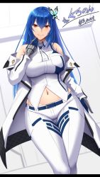 Rule 34 | 1girl, akitsuki karasu, bare shoulders, belt, blue belt, blue hair, blush, breasts, butterfly hair ornament, closed mouth, commentary request, gloves, hair ornament, hand up, highres, large breasts, long hair, long sleeves, looking at viewer, navel, off shoulder, original, pants, red eyes, smile, solo, thighs, white pants