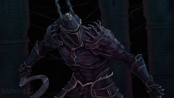 Rule 34 | 1boy, armor, artist name, black armor, breastplate, dark, demon&#039;s souls, dual wielding, fake horns, faulds, fighting stance, gauntlets, helmet, highres, holding, holding weapon, horned helmet, horns, looking away, male focus, menaslg, outstretched arms, pauldrons, shoulder armor, sickle, silver trim, solo, upper body, weapon, yurt the silent chief
