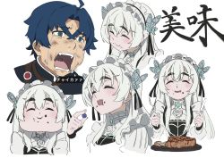 Rule 34 | 1boy, 1girl, absurdres, ahoge, black ribbon, blue hair, blueberry, blush, chaika trabant, closed eyes, crossed bangs, crying, crying with eyes open, dirty, dirty face, eating, food, food on face, fruit, highres, hitsugi no chaika, holding, holding food, holding fruit, multiple views, nyum, puffy cheeks, ribbon, runny nose, snot, tears, thick eyebrows, tooru acura, white background, white hair