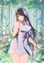 Rule 34 | 1girl, alternate costume, artist name, atdan, azur lane, bare arms, bare shoulders, black hair, blue flower, blush, breasts, bug, butterfly, cherry, collarbone, commentary, covered navel, cowboy shot, dress, flower, food, fruit, hair flower, hair ornament, halter dress, halterneck, hand up, hiei (azur lane), highres, holding, holding food, holding fruit, horns, insect, large breasts, leaf, light particles, light rays, long hair, looking at viewer, parted lips, pink flower, plant, purple flower, rose, sleeveless, sleeveless dress, solo, standing, sunbeam, sunlight, thighs, tree, very long hair, white dress, yellow eyes