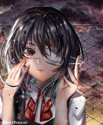 Rule 34 | 1girl, @ (symbol), absurdres, adjusting eyewear, another, artist name, black hair, closed mouth, cloud, commentary request, evening, eyepatch, eyepatch pull, face, fence, finger on eyewear, hair between eyes, hand on eyewear, hand on own face, highres, hinayukisaki, lips, long eyelashes, looking at viewer, misaki mei, one eye covered, out of frame, red eyes, red neckwear, ribbon, school uniform, shirt, short hair, solo, white shirt