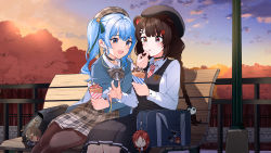 Rule 34 | 2girls, :d, :o, absurdres, alternate costume, animal ears, asymmetrical hair, autumn, autumn leaves, bag, bag charm, bear ears, bell, bench, beret, black choker, black dress, black hair, black headwear, black legwear, black skirt, black vest, blue eyes, blue hair, blue jacket, blunt bangs, blush, bow, bowtie, braid, breasts, brown hair, brown skirt, chair, charm (object), chocolate, chocolate syrup, choker, cloud, cloudy sky, collared shirt, cone, cream, cream on face, crepe, dog ears, dog hair ornament, dress, dusk, evening, flower, food, food on face, fruit, green ribbon, grey headwear, grey skirt, hair flower, hair ornament, hair ribbon, hairclip, hand on another&#039;s cheek, hand on another&#039;s face, hat, helping, heterochromia, highres, holding, holding food, hololive, hoshimachi suisei, inui toko, jacket, lamppost, light blue hair, long hair, long sleeves, looking at another, looking down, miniskirt, multiple girls, nail polish, neck bell, necktie, nijisanji, nonbire, open mouth, orange sky, outdoors, pantyhose, park bench, plaid, plaid bow, plaid headwear, plaid neckwear, plaid skirt, pleated skirt, public indecency, purple eyes, railing, red eyes, red nails, red neckwear, ribbon, scenery, school bag, school uniform, shirt, side ponytail, sidelocks, sitting, skirt, sky, small breasts, smile, star (sky), star (symbol), star choker, star hair ornament, star in eye, starry sky, sticker, strawberry, striped neckwear, sunlight, sunset, symbol in eye, tree, twin braids, twintails, uniform, vest, virtual youtuber, white shirt, wing collar, yellow eyes, yuri