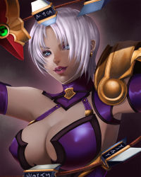 Rule 34 | 1girl, armor, blue eyes, breasts, carlos morilla, cleavage, earrings, covered erect nipples, eyeshadow, highres, isabella valentine, jewelry, large breasts, lipstick, makeup, short hair, solo, soul calibur, soulcalibur ii, upper body, very short hair, weapon, whip sword, white hair