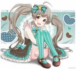 Rule 34 | 1girl, :d, ahoge, aqua bow, aqua thighhighs, artist name, bow, brown eyes, brown footwear, brown hair, brown skirt, character name, dress, dress bow, frilled dress, frills, hair bow, hakozaki serika, heart, highres, hugging own legs, idolmaster, idolmaster million live!, kurobako bb, long hair, looking at viewer, mary janes, open mouth, shoes, simple background, sitting, skirt, smile, solo, thighhighs, twintails, very long hair