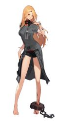 Rule 34 | 1girl, bandaged arm, bandages, barefoot, black shorts, black survival, blonde hair, blood, blood on leg, breasts, brown eyes, collar, cuffs, full body, grey robe, jenny sinclair, lips, long hair, looking at viewer, official alternate costume, official art, parted lips, robe, short shorts, short sleeves, shorts, solo, standing, transparent background